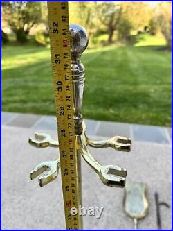 VTG Cast Metal / Brass Heavy 14 Lb Solid 5-Piece Fireplace Tool & Stand Set 30