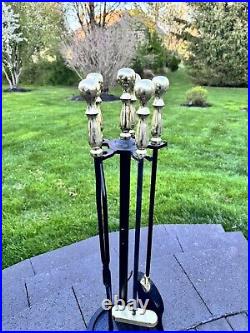 VTG Cast Metal / Brass Heavy 15 Lb Solid 5-Pc Fireplace Tool & Stand Set 30