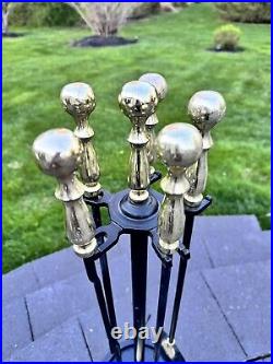 VTG Cast Metal / Brass Heavy 15 Lb Solid 5-Pc Fireplace Tool & Stand Set 30