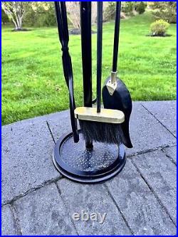 VTG Cast Metal / Brass Heavy 15 Lb Solid 5-Pc Fireplace Tool & Stand Set 30