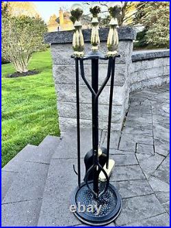 VTG Cast Metal / Brass Heavy 15 Lb Solid 5-Pc Fireplace Tool & Stand Set 30