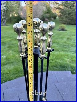 VTG Cast Metal / Brass Heavy 15 Lb Solid 5-Pc Fireplace Tool & Stand Set 30