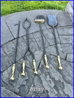 VTG Cast Metal / Brass Heavy 15 Lb Solid 5-Pc Fireplace Tool & Stand Set 30