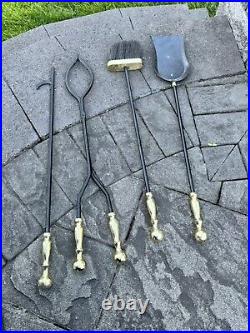 VTG Cast Metal / Brass Heavy 15 Lb Solid 5-Pc Fireplace Tool & Stand Set 30