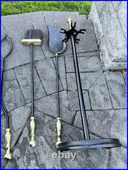 VTG Cast Metal / Brass Heavy 15 Lb Solid 5-Pc Fireplace Tool & Stand Set 30