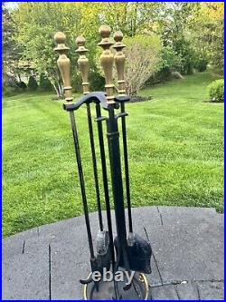 VTG Cast Metal / Brass Heavy 16.1 Lb Solid 5-Pc Fireplace Tool & Stand Set 32