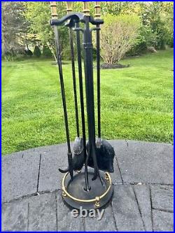 VTG Cast Metal / Brass Heavy 16.1 Lb Solid 5-Pc Fireplace Tool & Stand Set 32