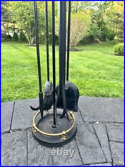 VTG Cast Metal / Brass Heavy 16.1 Lb Solid 5-Pc Fireplace Tool & Stand Set 32