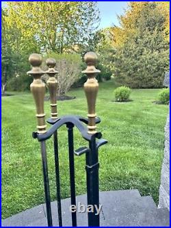 VTG Cast Metal / Brass Heavy 16.1 Lb Solid 5-Pc Fireplace Tool & Stand Set 32