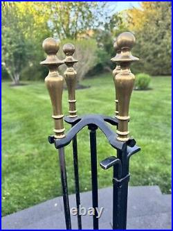 VTG Cast Metal / Brass Heavy 16.1 Lb Solid 5-Pc Fireplace Tool & Stand Set 32