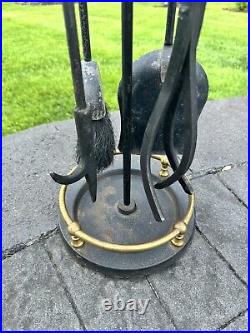 VTG Cast Metal / Brass Heavy 16.1 Lb Solid 5-Pc Fireplace Tool & Stand Set 32