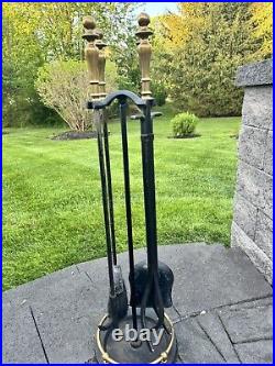 VTG Cast Metal / Brass Heavy 16.1 Lb Solid 5-Pc Fireplace Tool & Stand Set 32