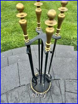 VTG Cast Metal / Brass Heavy 16.1 Lb Solid 5-Pc Fireplace Tool & Stand Set 32