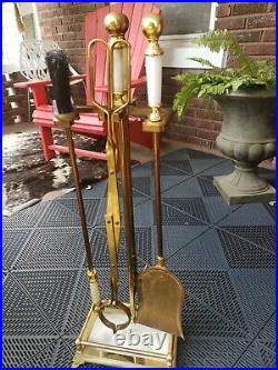 VTG FIREPLACE TOOL SET 5-Piece BRASS AND MARBLE