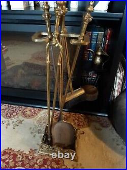 VTG GOLD SOLID BRASS FIREPLACE TOOL SET 5 Pc STAND/ POKER SHOVEL BROOM TONGS