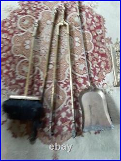 VTG GOLD SOLID BRASS FIREPLACE TOOL SET 5 Pc STAND/ POKER SHOVEL BROOM TONGS