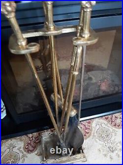 VTG GOLD SOLID BRASS FIREPLACE TOOL SET 5 Pc STAND/ POKER SHOVEL BROOM TONGS