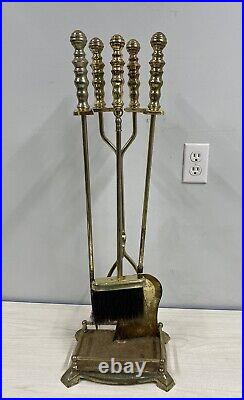 VTG HEAVY GOLD BRASS FIREPLACE TOOL SET 5 Pc STAND/ POKER SHOVEL BROOM TONGS