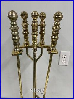 VTG HEAVY GOLD BRASS FIREPLACE TOOL SET 5 Pc STAND/ POKER SHOVEL BROOM TONGS