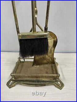 VTG HEAVY GOLD BRASS FIREPLACE TOOL SET 5 Pc STAND/ POKER SHOVEL BROOM TONGS