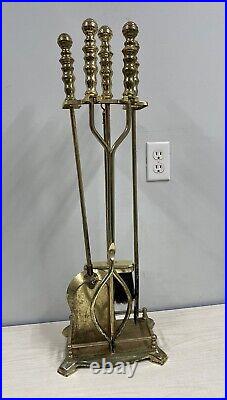 VTG HEAVY GOLD BRASS FIREPLACE TOOL SET 5 Pc STAND/ POKER SHOVEL BROOM TONGS