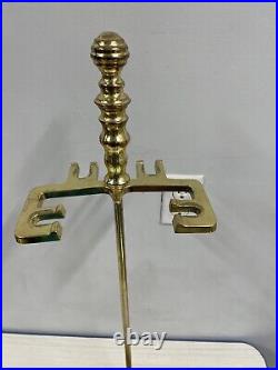 VTG HEAVY GOLD BRASS FIREPLACE TOOL SET 5 Pc STAND/ POKER SHOVEL BROOM TONGS