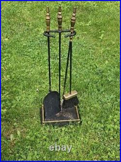 VTG Iron /Brass Heavy 10.8 Lb Solid 4-Piece Fireplace Tool & Stand Set 30