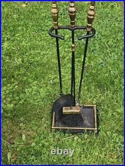 VTG Iron /Brass Heavy 10.8 Lb Solid 4-Piece Fireplace Tool & Stand Set 30
