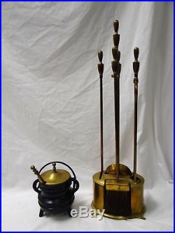 VTG MIDCENTURY 5 PC NELSON HEARTH BRASS FIRE PLACE TOOL KIT SET with SMUDGE POT