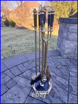 VTG Marble And Heavy Metal 18.3 Lb Solid 5-Pc Fireplace Tool & Stand Set 33.5