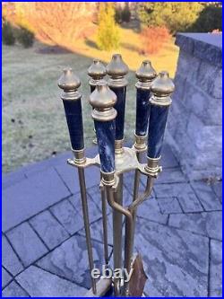 VTG Marble And Heavy Metal 18.3 Lb Solid 5-Pc Fireplace Tool & Stand Set 33.5