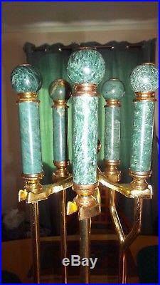 VTG Marble Handle Fireplace tools Set 5 piece Mid Century Stand Brass colored
