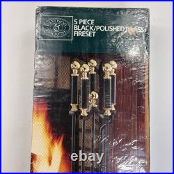 VTG NEW Solid Black Metal & Polished Brass Fireplace 5 Piece Set Windsor Browne