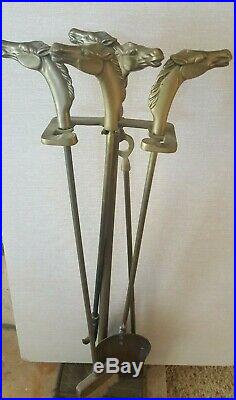 VTG Solid BRASS HORSE HEAD HANDLE FIREPLACE TOOL SET RANCH CABIN Equestrian RODE