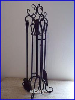 VTG WROUGHT IRON 5 PIECE FIREPLACE TOOL SET SCROLL FANCY ORNATE HEARTH
