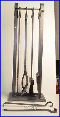 VTG wrought iron fireplace 7pc tool set w thongs 6 tools & stand 29 tall