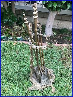 Vantage Art Deco Brass Hunting Motif Fire Place Set Of Tools
