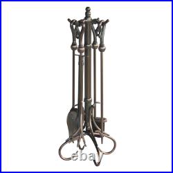 Venetian Bronze 5-Piece Fireplace Tool Set With Crook Handles And Heavy Duty Ste