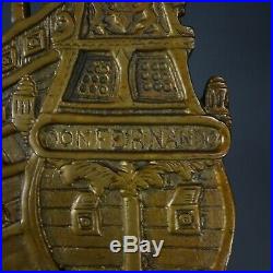 Victorian Antique Nautical Fireplace LARGE Brass Tool Set Sailing Ship Motif