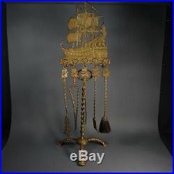Victorian Antique Nautical Fireplace LARGE Brass Tool Set Sailing Ship Motif
