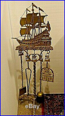 Victorian Antique Nautical Fireplace brass tools Sailing Ship Motif large set