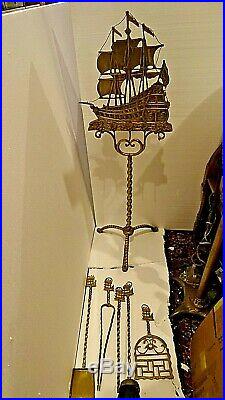 Victorian Antique Nautical Fireplace brass tools Sailing Ship Motif large set