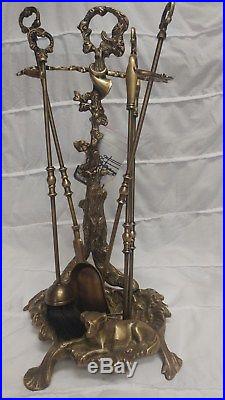 Victorian Trading Co Winter Woods Tree Dog Ornate Brass Fireplace Tool Set Stand