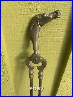 Vintage 1950's Equestrian Brass Horse Head 5 Piece Fireplace Tool Set 32 Stand