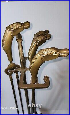 Vintage 1950s EQUESTRIAN SOLID BRASS HORSE HEAD FIREPLACE TOOL SET withSTAND