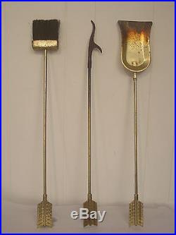 Vintage 1950s brass arrows fireplace andirons and tool set mid century modern