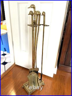 Vintage 1970s Brass Duck Head Mallard Fireplace Tool Set 5 Piece 4 Tool w Stand