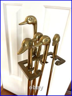 Vintage 1970s Brass Duck Head Mallard Fireplace Tool Set 5 Piece 4 Tool w Stand