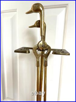 Vintage 1970s Brass Duck Head Mallard Fireplace Tool Set 5 Piece 4 Tool w Stand