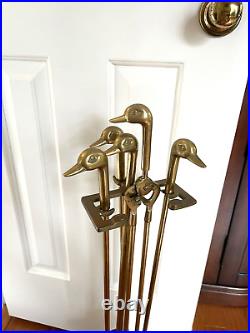 Vintage 1970s Brass Duck Head Mallard Fireplace Tool Set 5 Piece 4 Tool w Stand